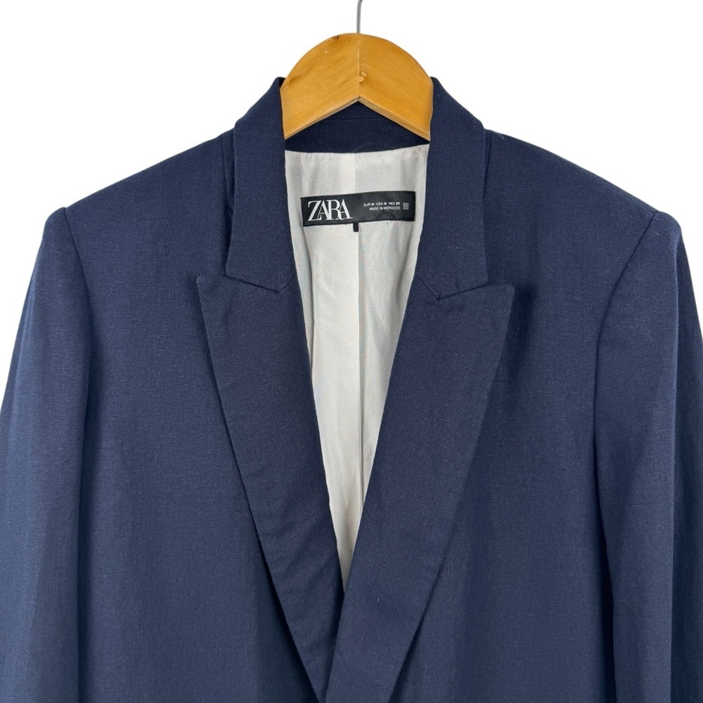 Zara Navy Blue Linen Blend Open Front Blazer Jacket Size Medium Striped Lining - Picture 4 of 16
